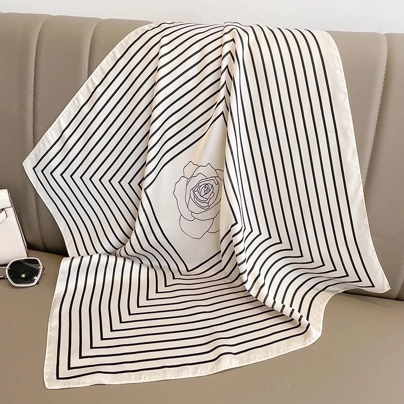 Elegant Classic‑Style Color‑Block Satin‑Print Silk Scarf
