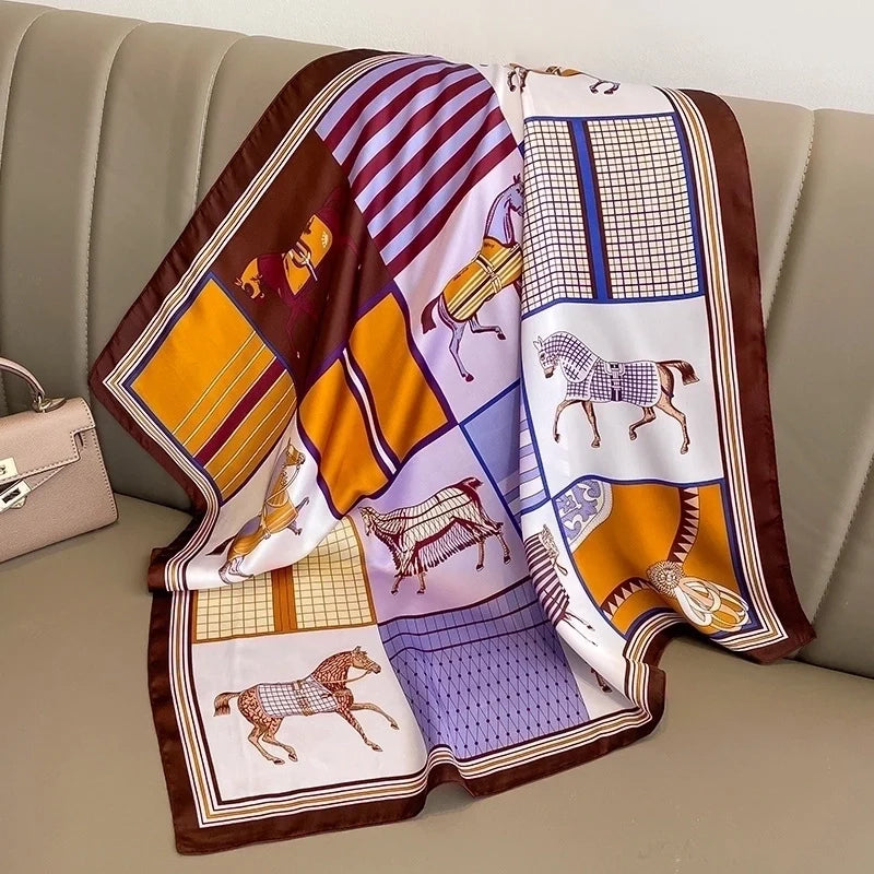 Elegant Classic‑Style Color‑Block Satin‑Print Silk Scarf