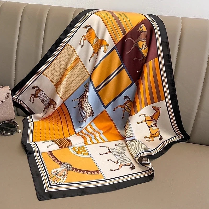 Elegant Classic‑Style Color‑Block Satin‑Print Silk Scarf