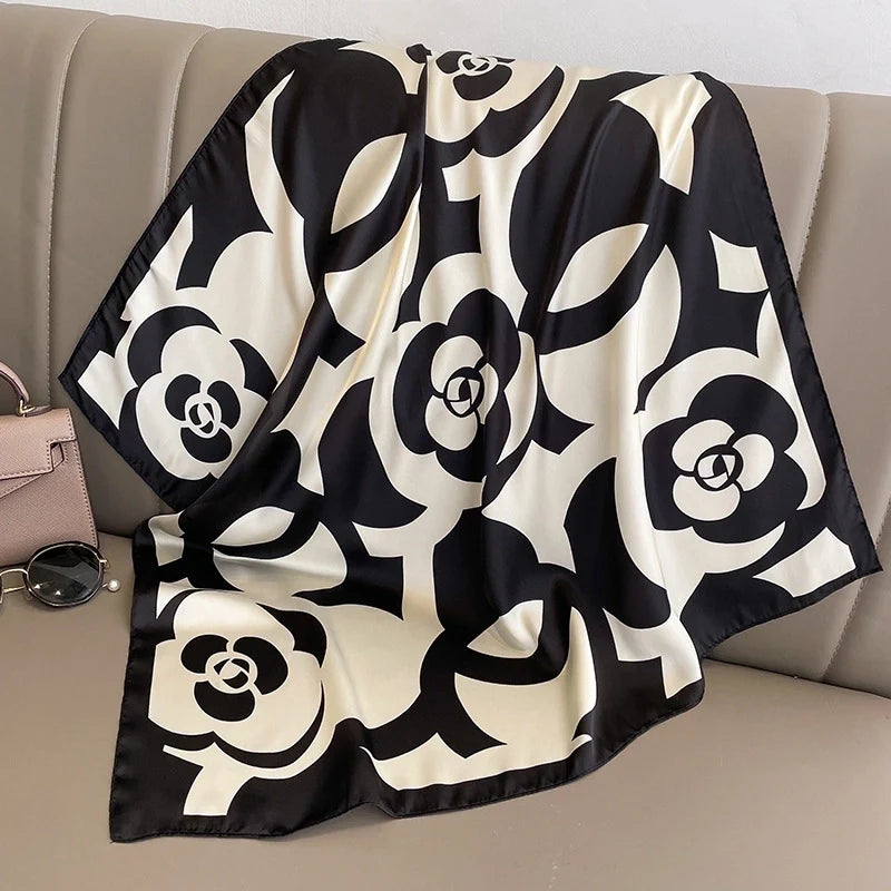 Elegant Classic‑Style Color‑Block Satin‑Print Silk Scarf
