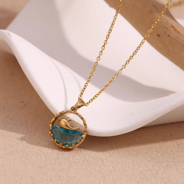 Blue Ocean Whale Pendant Necklace - 18k Gold Plated