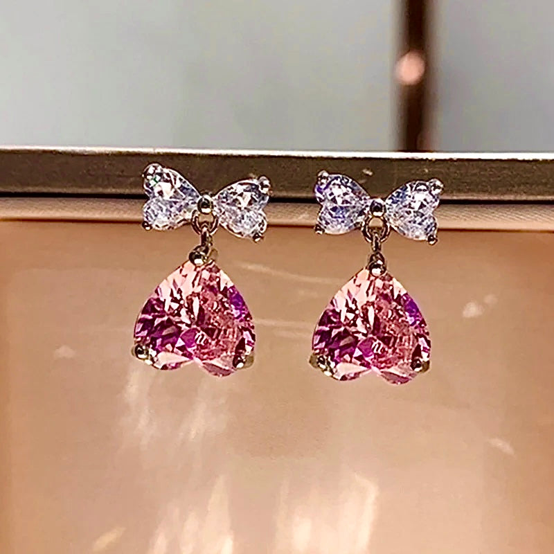 Blush Amour Bow Heart Drop Earrings