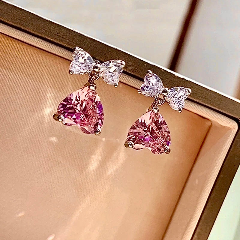 Blush Amour Bow Heart Drop Earrings