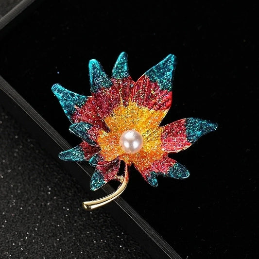 Pearl & Colored Gemstone Maple Leaf Brooch