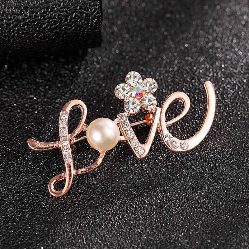 Golden Love Rhinestone Pin Brooch