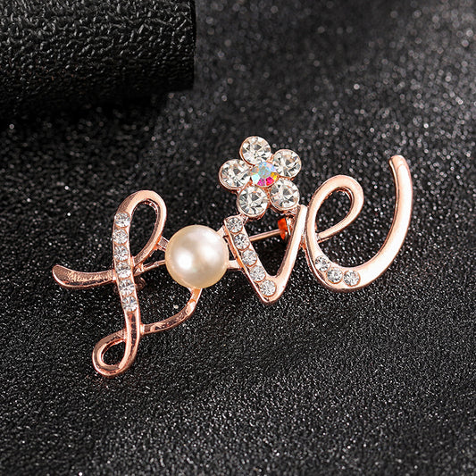 Golden Love Rhinestone Pin Brooch