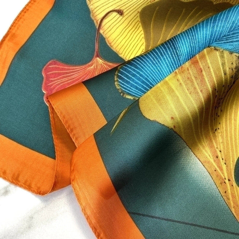 Ginkgo Leaf Satin‑Print Silk Scarf