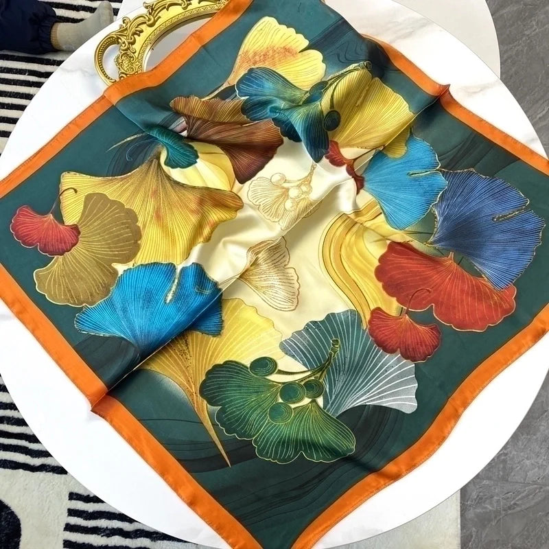 Ginkgo Leaf Satin‑Print Silk Scarf