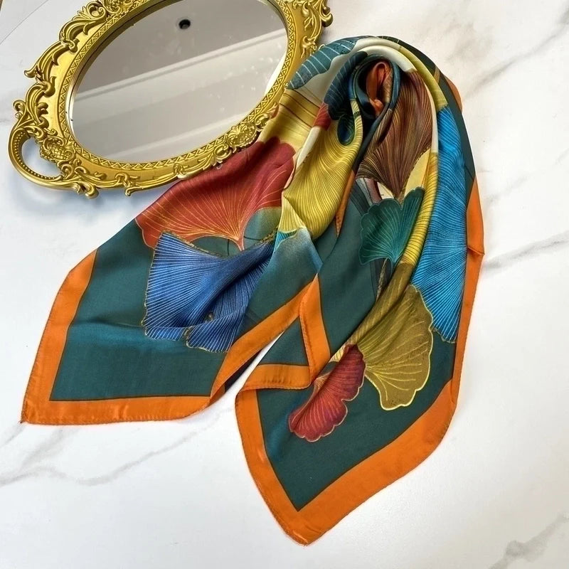Ginkgo Leaf Satin‑Print Silk Scarf