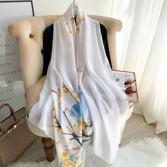 Elegant Floral Print Satin Silk Scarf
