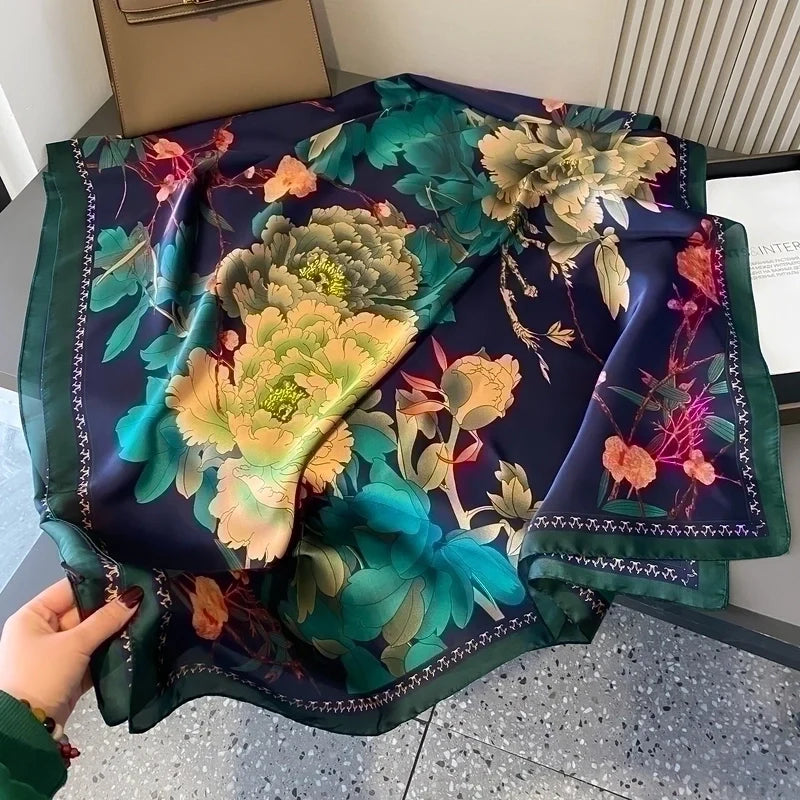 Floral Tie & Dye Print Satin Silk Scarf Green