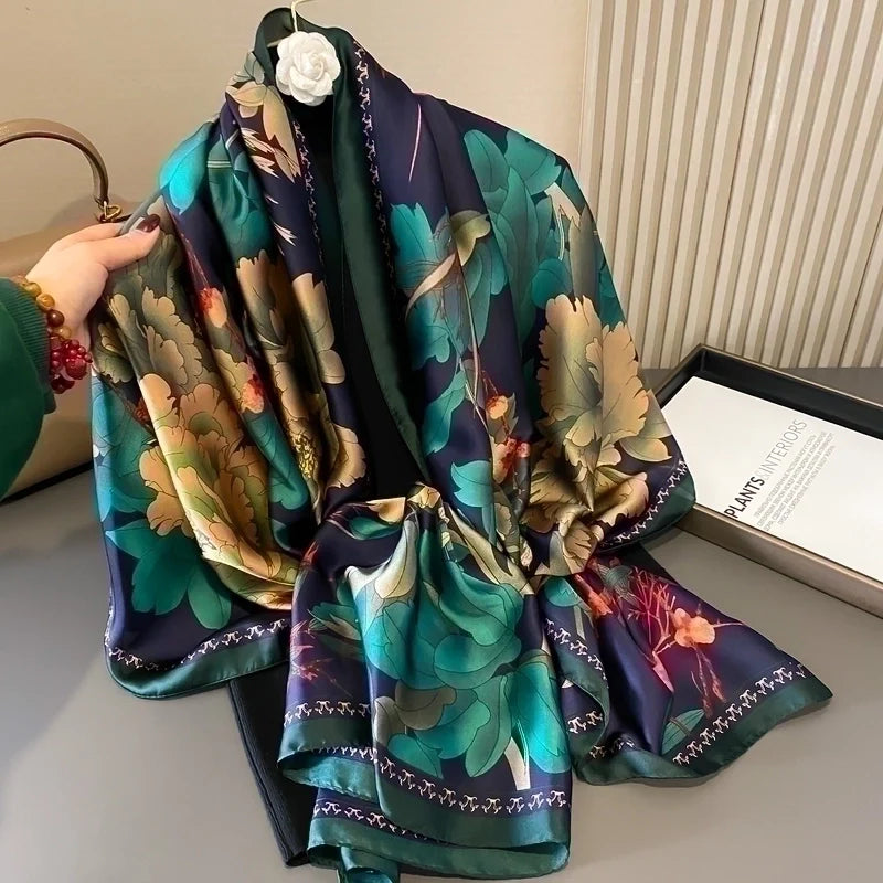 Floral Tie & Dye Print Satin Silk Scarf Green
