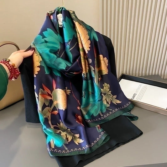 Floral Tie & Dye Print Satin Silk Scarf Green