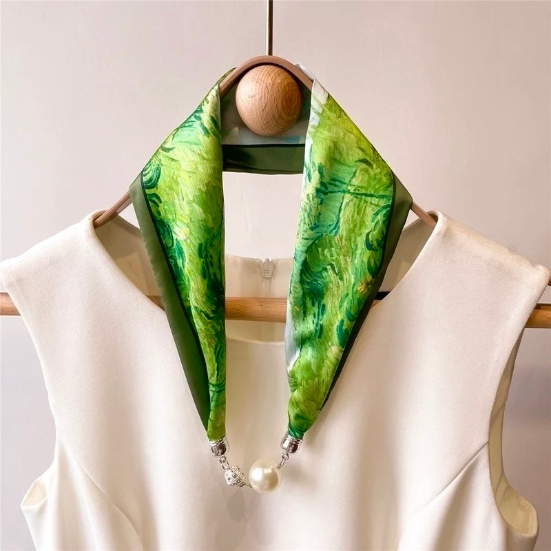 Stripe Satin‑Silk Scarf with Magnetic SnapPearls
