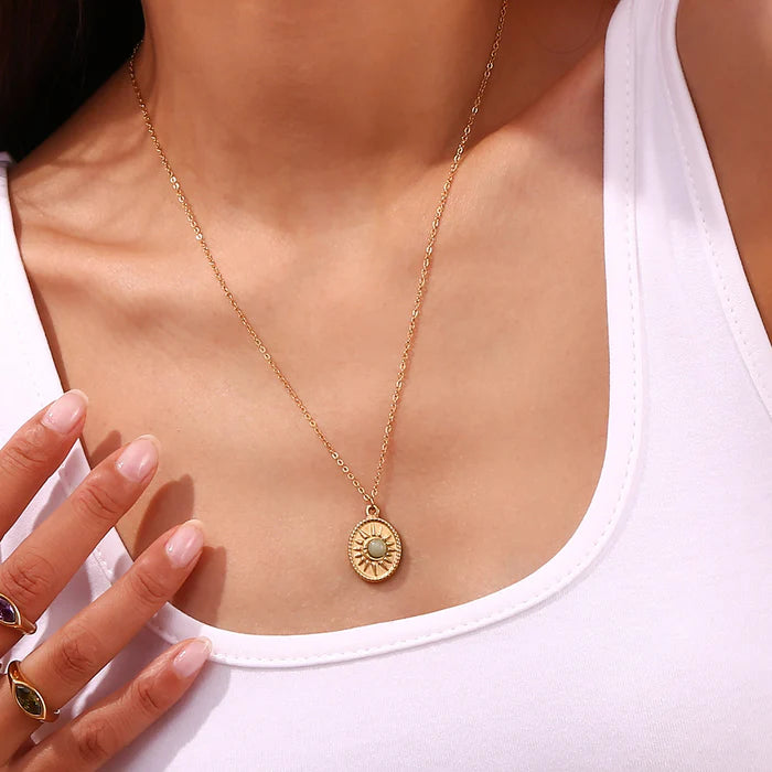 18k Gold Plated Elliptical Sun Natural Stone Pendant Necklace