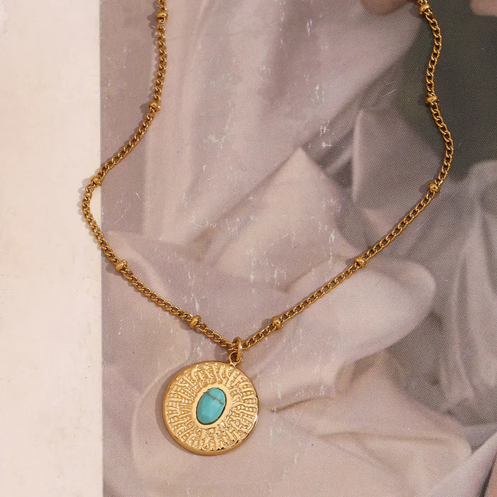 18k Gold Plated Bead Chain Beat Pattern Turquoise Round Card Necklace - Gold
