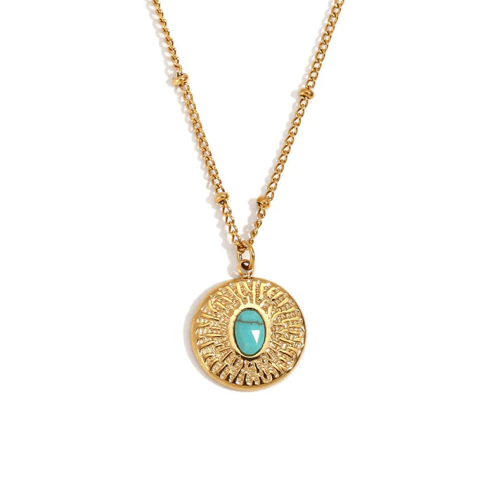 18k Gold Plated Bead Chain Beat Pattern Turquoise Round Card Necklace - Gold