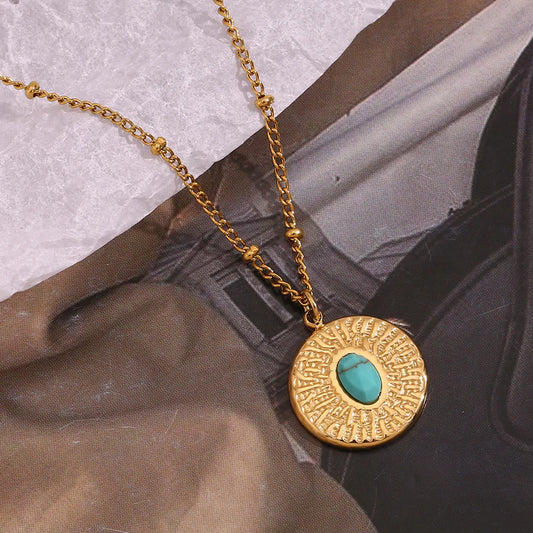 18k Gold Plated Bead Chain Beat Pattern Turquoise Round Card Necklace - Gold
