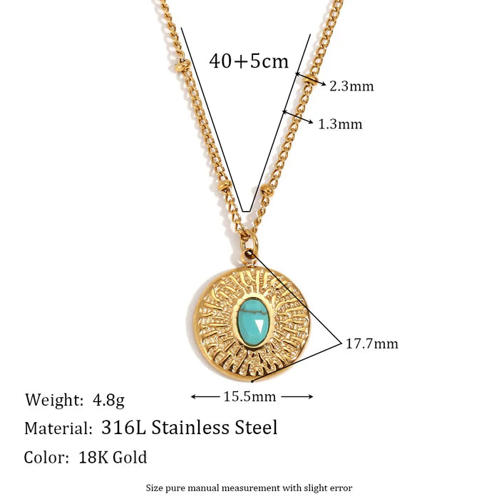 18k Gold Plated Bead Chain Beat Pattern Turquoise Round Card Necklace - Gold