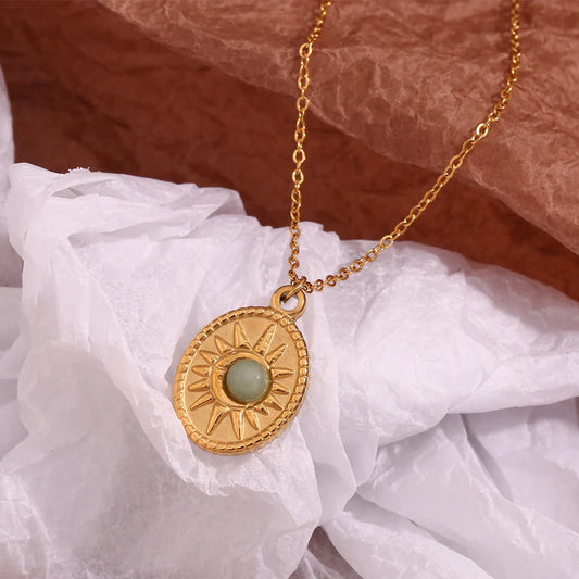 18k Gold Plated Elliptical Sun Natural Stone Pendant Necklace