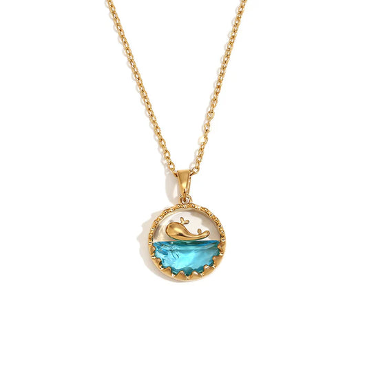 Blue Ocean Whale Pendant Necklace - 18k Gold Plated