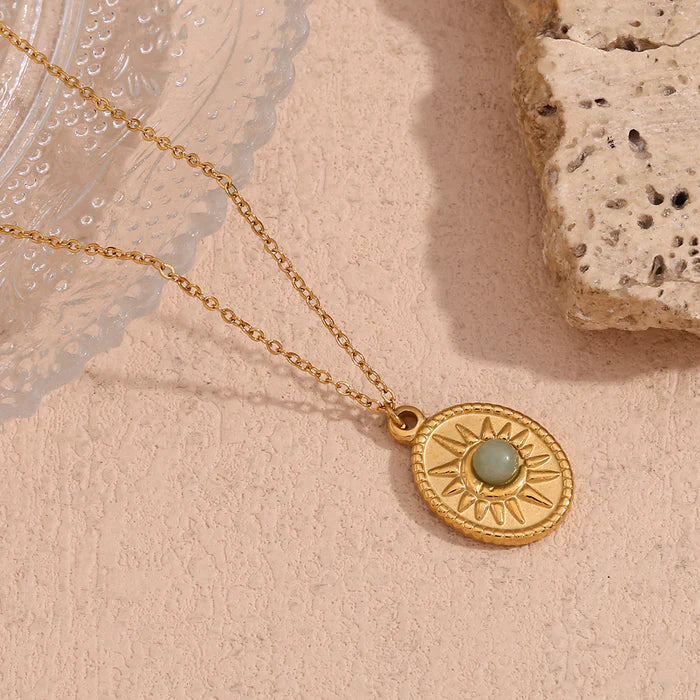 18k Gold Plated Elliptical Sun Natural Stone Pendant Necklace