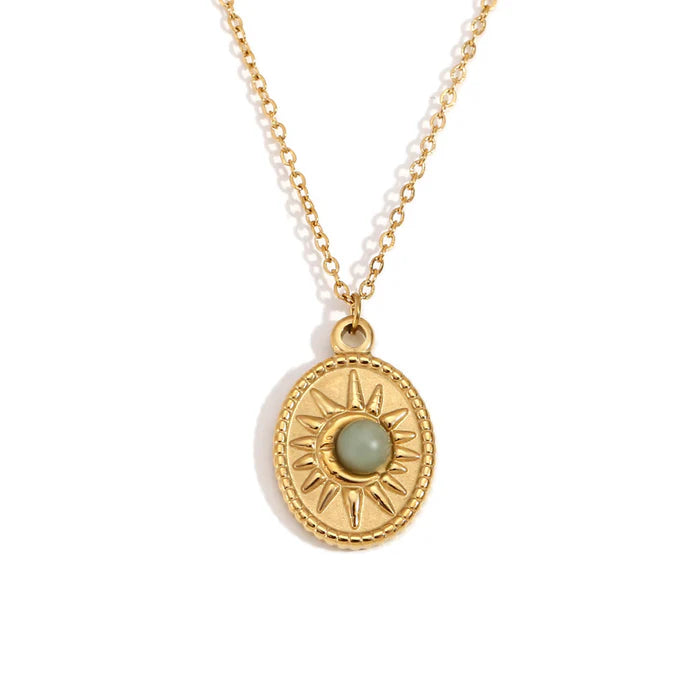 18k Gold Plated Elliptical Sun Natural Stone Pendant Necklace