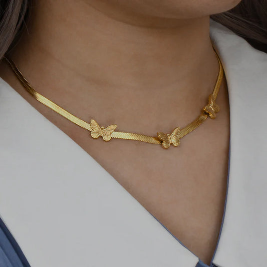 18k Gold Plated Three butterfly humanoid fishbone chain necklaces
