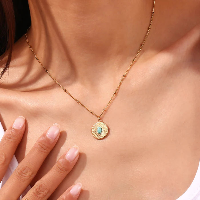 18k Gold Plated Bead Chain Beat Pattern Turquoise Round Card Necklace - Gold